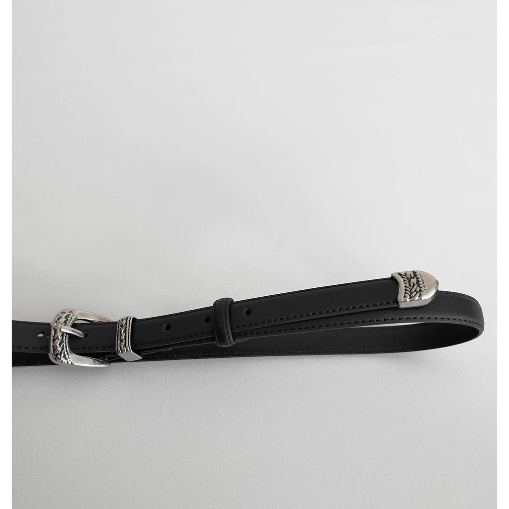 Vintage Leather Belt Silver Metal Buckle Western Waist Belt