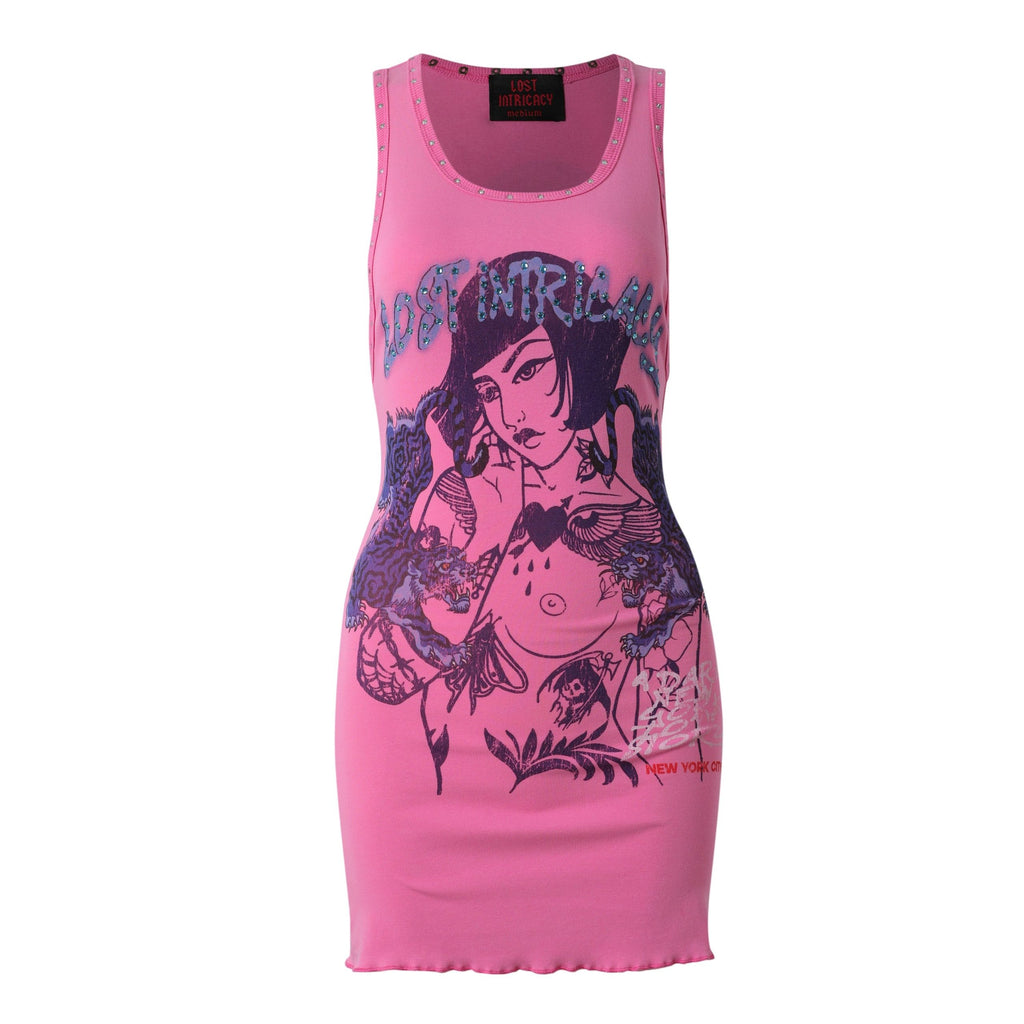 Lost Intracy pink women's bodycon tank mini dress with figure print