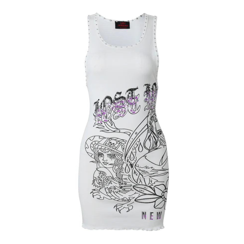 Lost Intracy white figure print bodycon tank mini dress front view