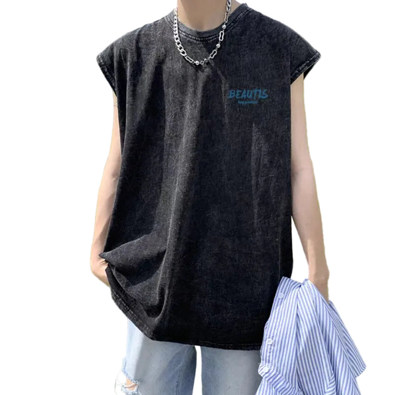 Vintage Washed Cotton Tank Minimal Chest Print Loose Sleeveless Vest