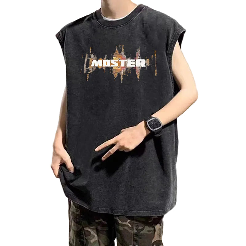 Vintage Washed Graphic Tank Top Mens Loose Hip Hop Sleeveless Vest