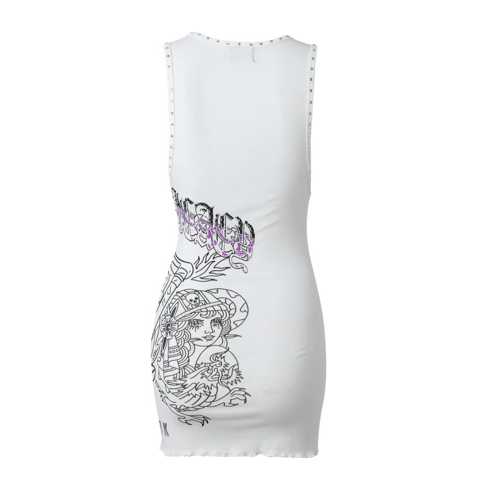 Back view of a Lost Intracy white figure print tank mini dress