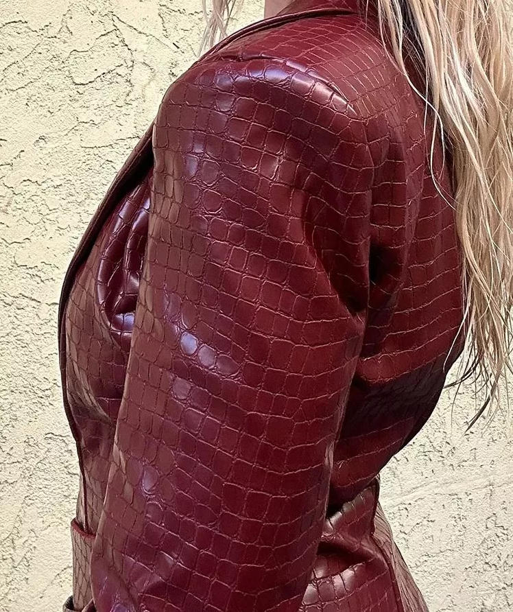 Croc Faux Leather Deep V Wrap Ruched Long Sleeve Mini Dress Women