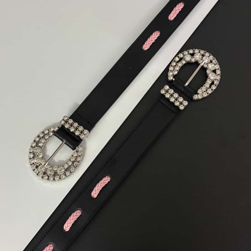 Leather Belt Rhinestone Buckle Pink Cutout Full Grain Waist Belt