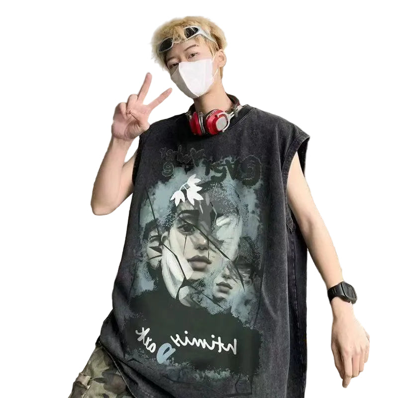 Vintage Washed Graphic Tank Cotton Loose Streetwear Sleeveless Vest