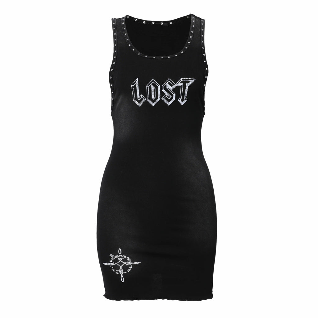 Lost Intricacy Rivet Letter Print Tank Bodycon Midi Dress Women