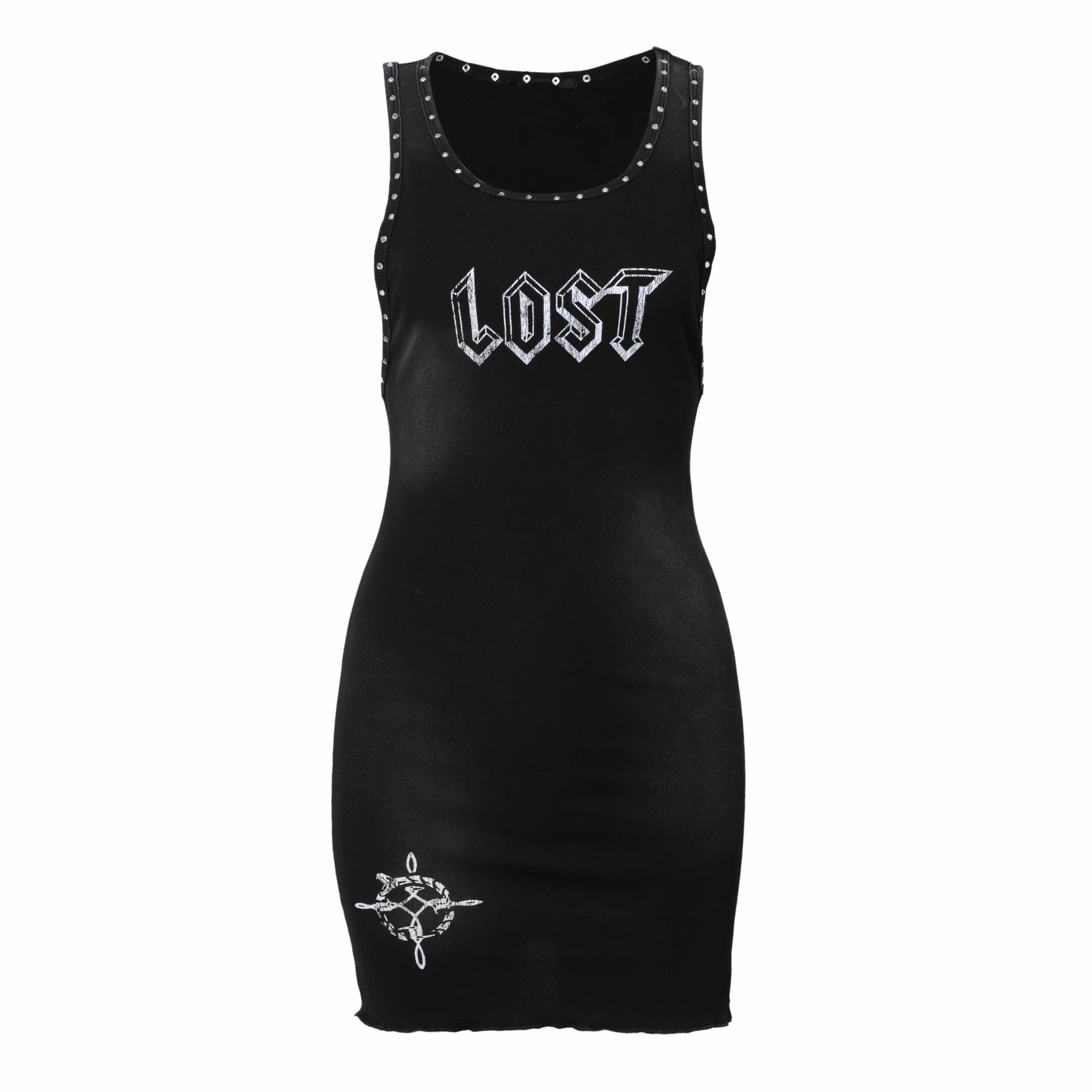 Lost Intricacy Rivet Letter Print Tank Bodycon Midi Dress Women