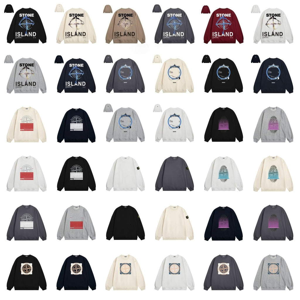 Stone Island Compass Print Crewneck Sweatshirt Men Winter Fleece Top