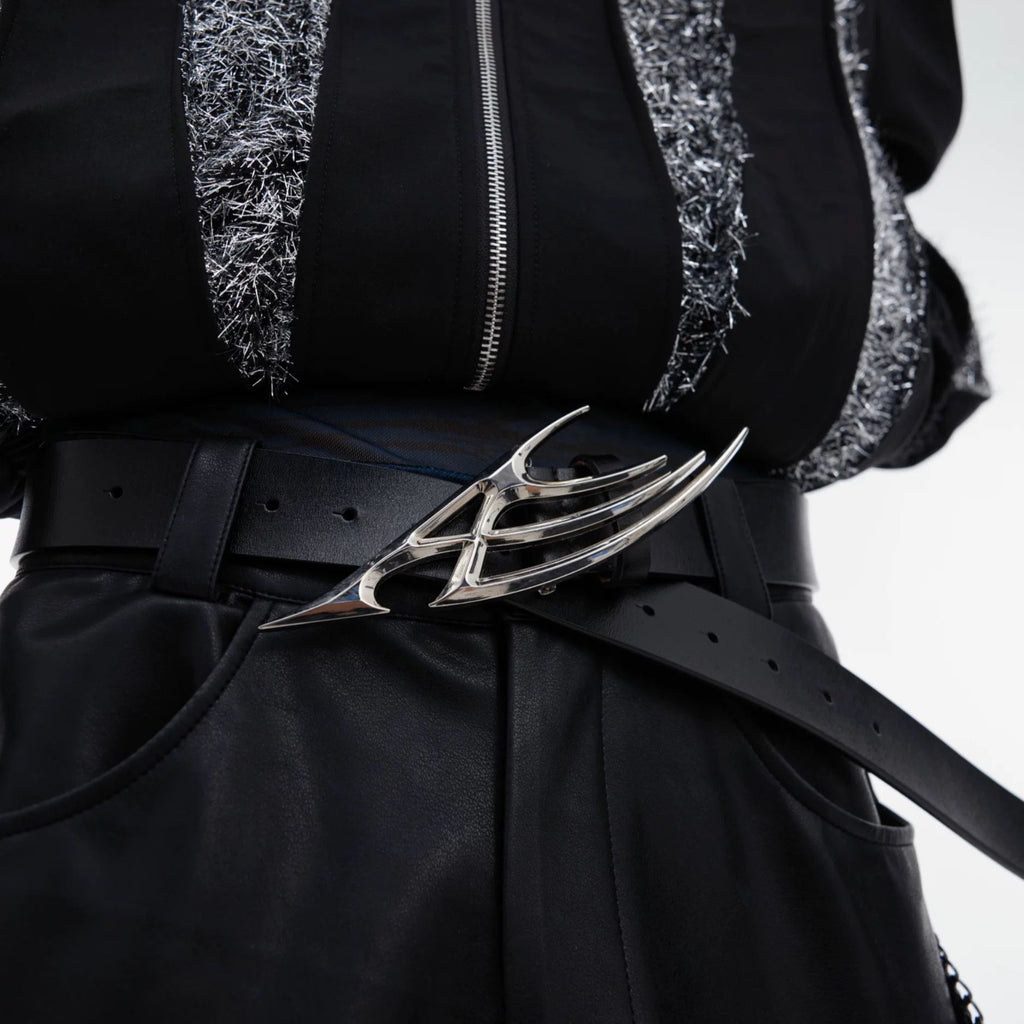 Avant-Garde Cyberpunk Leather Belt Sculptural Metal Buckle Waist Belt