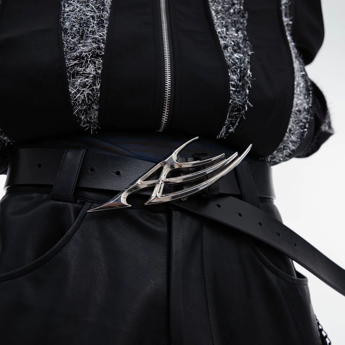 Avant-Garde Cyberpunk Leather Belt Sculptural Metal Buckle Waist Belt