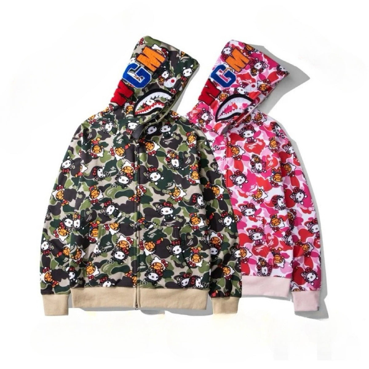 BAPE × Sanrio Hello Kitty Milo All Over Print Camo Shark Zip Hoodie