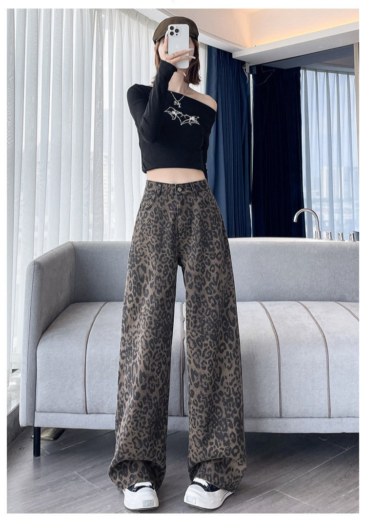 Leopard Print Wide Leg Denim Jeans High Waist Loose Straight Pants