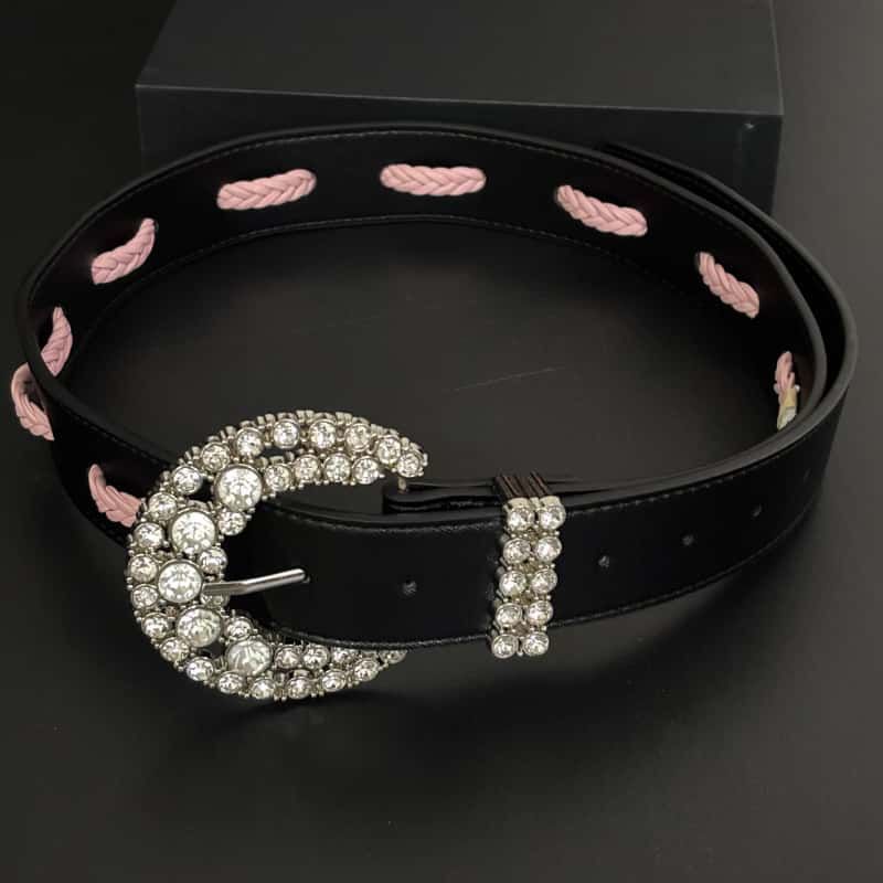 Leather Belt Rhinestone Buckle Pink Cutout Full Grain Waist Belt