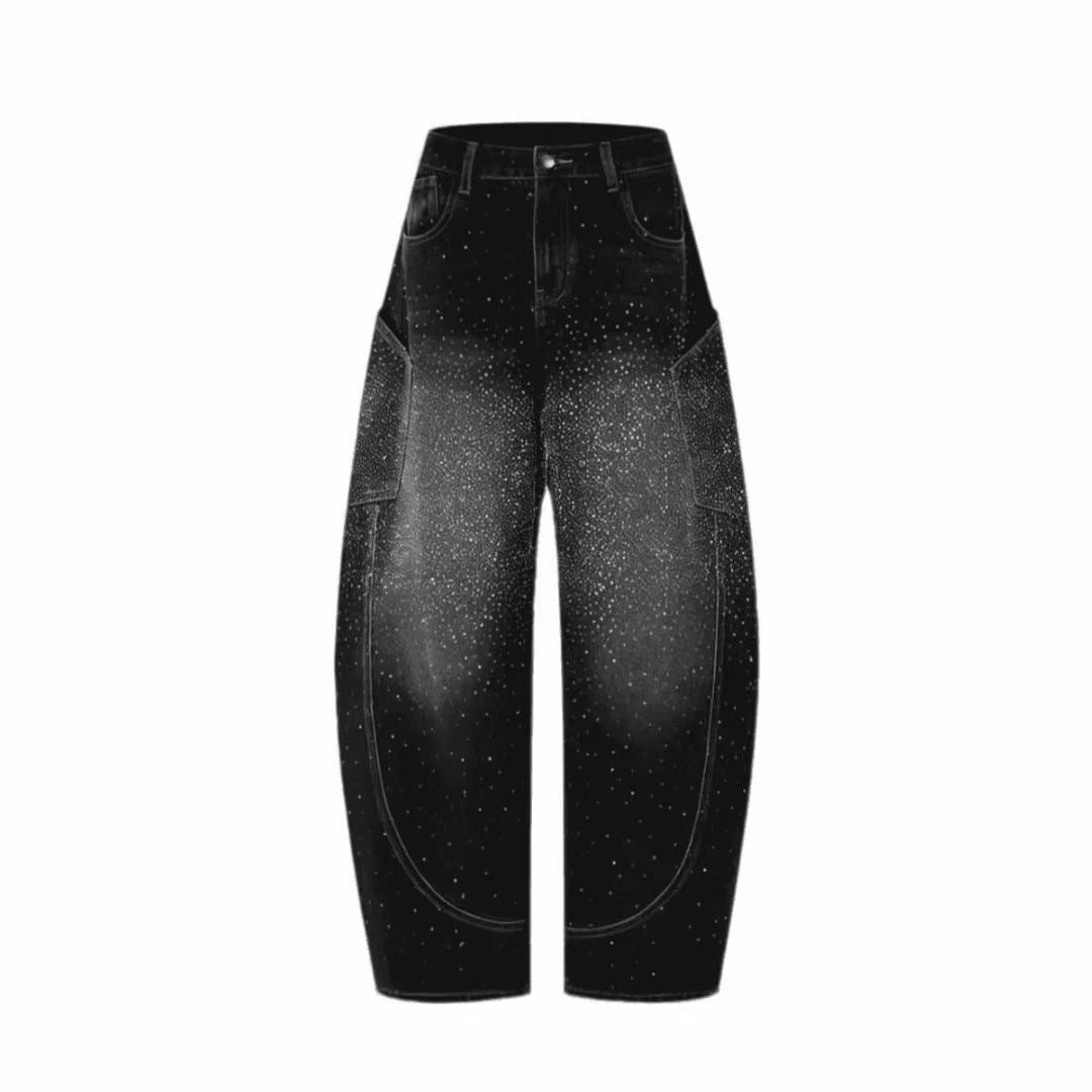 Rhinestone Studded Baggy Banana Curved Jeans Vintage Washed Streetwear