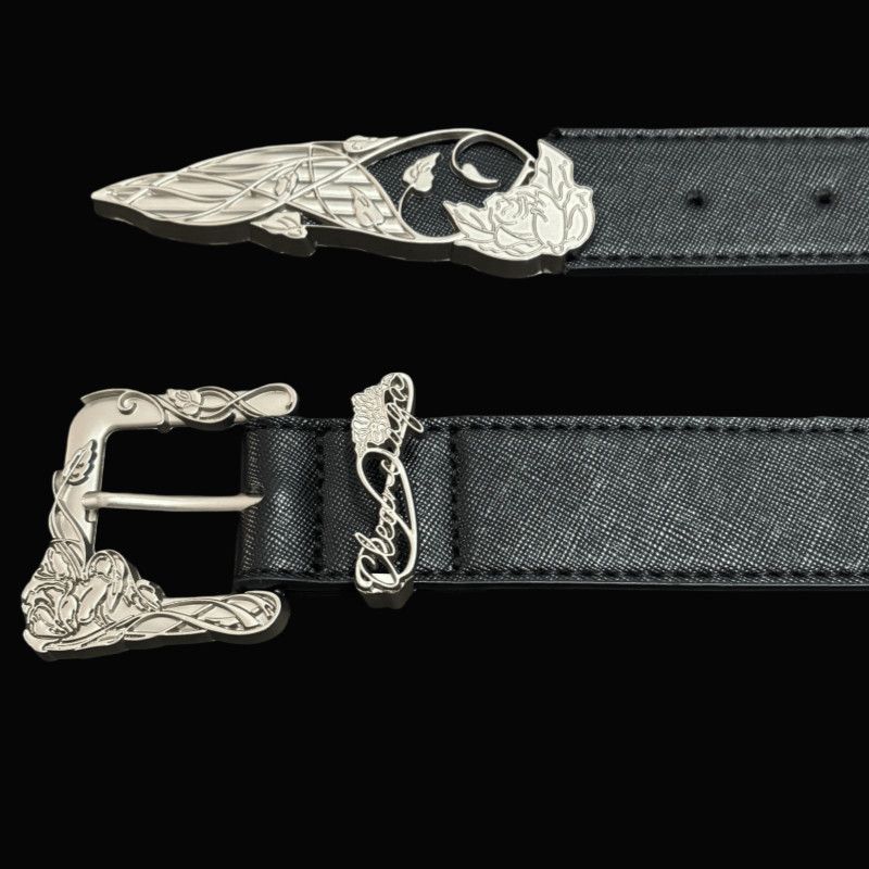 Western Floral Sword Engraved Leather Belt Vintage Carved Metal Tip