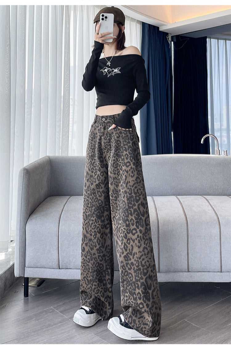 Leopard Print Wide Leg Denim Jeans High Waist Loose Straight Pants