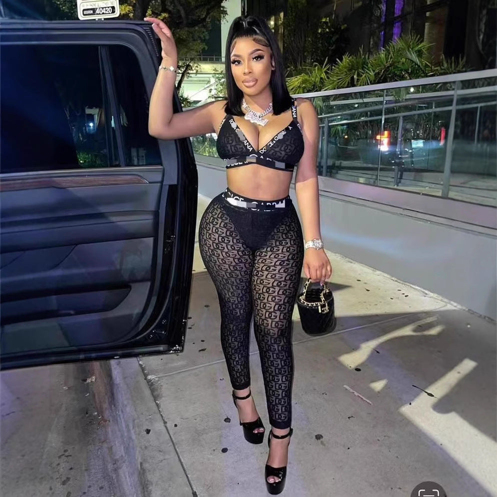 Mesh Letter Print Spaghetti Strap Crop Top Skinny Pants 2 Piece Set Women