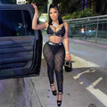 Mesh Letter Print Spaghetti Strap Crop Top Skinny Pants 2 Piece Set Women