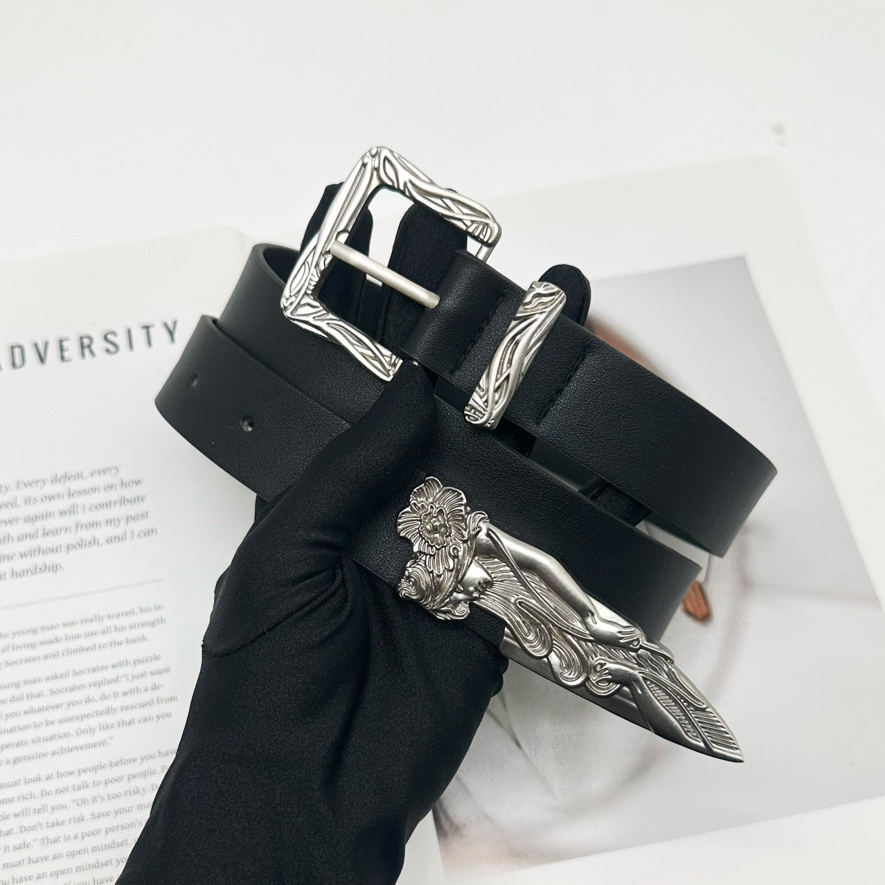 Retro Western Engraved Mermaid Dagger Leather Belt Streetwear Unisex