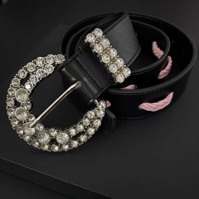 Leather Belt Rhinestone Buckle Pink Cutout Full Grain Waist Belt
