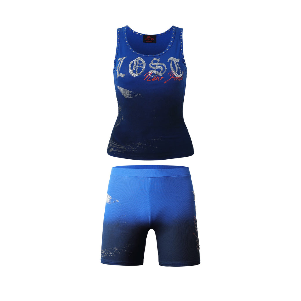Lost Intricacy Blue Grim Glam Crop Top Shorts 2 Piece Set Women