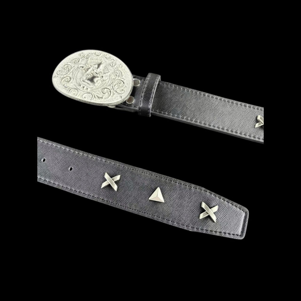 Vintage Cement Gray Bull Belt Metal Studs Full Grain Leather Waist