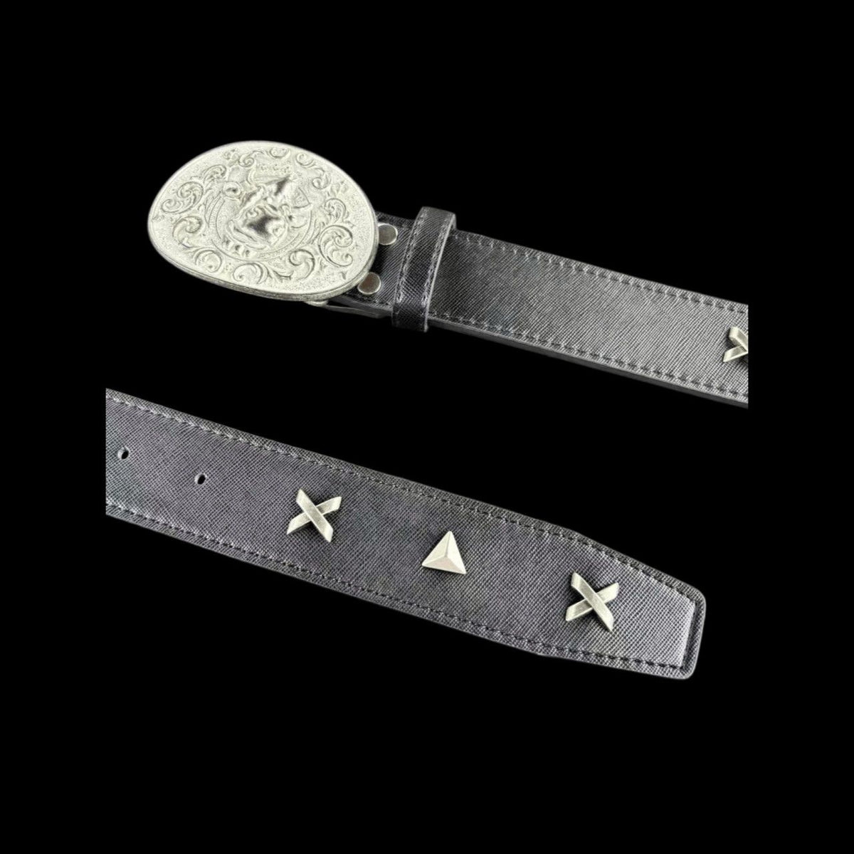 Vintage Cement Gray Bull Belt Metal Studs Full Grain Leather Waist