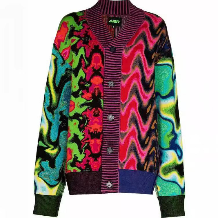 Colorful Abstract Print Knit Cardigan Women Long Sleeve Sweater Coat