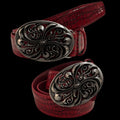 Red Croc Leather Belt Vintage Floral Carved Metal Buckle Waist Belt