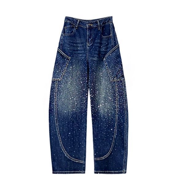 Rhinestone Studded Baggy Banana Curved Jeans Vintage Washed Streetwear