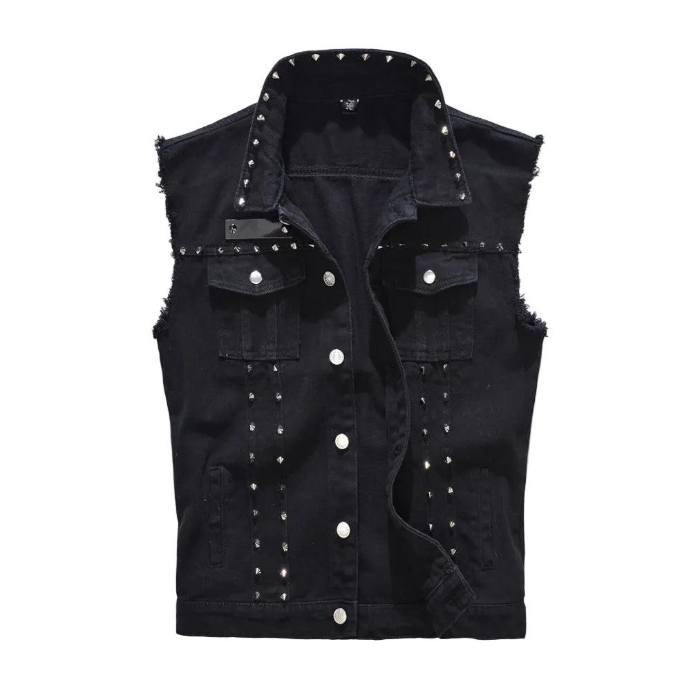 Rivet Biker Distressed Raw Edge Denim Vest Unisex Sleeveless Waistcoat