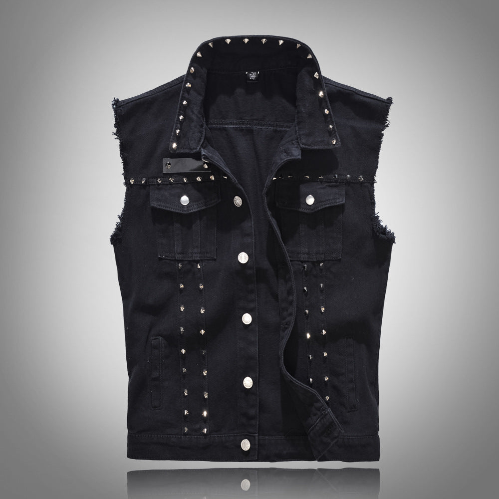 Rivet Biker Distressed Raw Edge Denim Vest Unisex Sleeveless Waistcoat