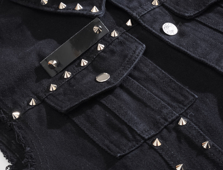 Rivet Biker Distressed Raw Edge Denim Vest Unisex Sleeveless Waistcoat