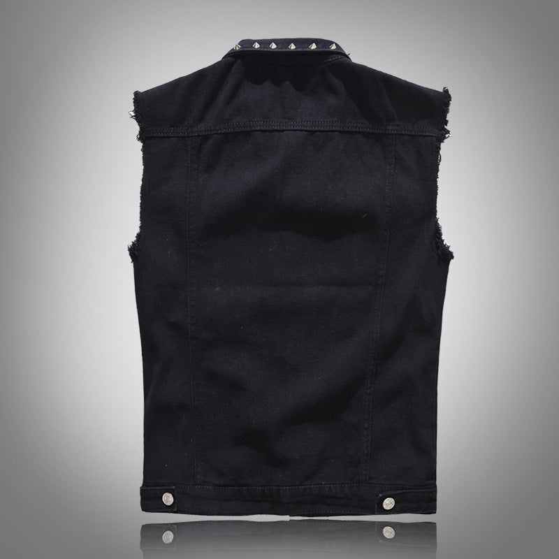 Rivet Biker Distressed Raw Edge Denim Vest Unisex Sleeveless Waistcoat
