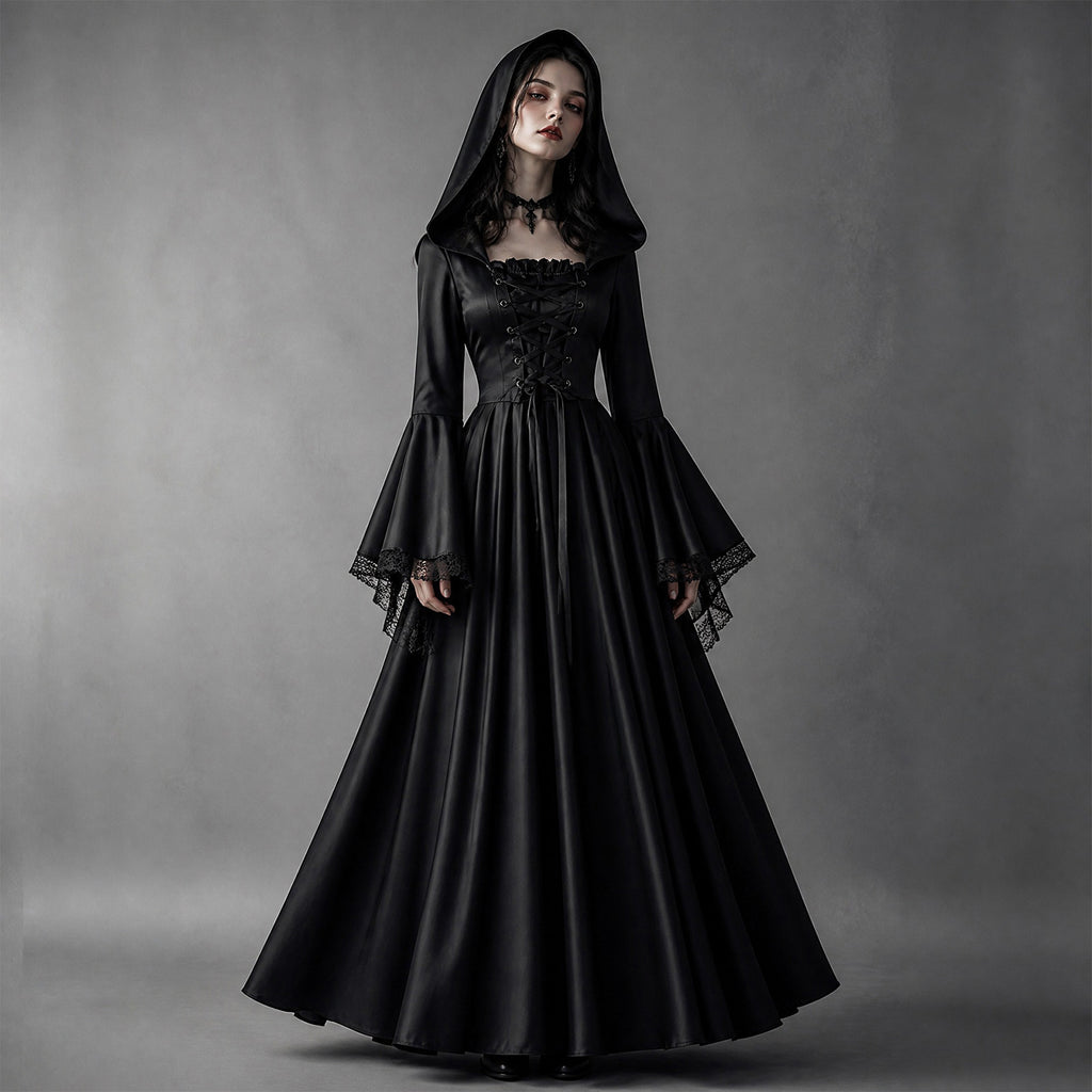 Halloween Women Medieval Gothic Hooded Witch Cosplay Long Dress