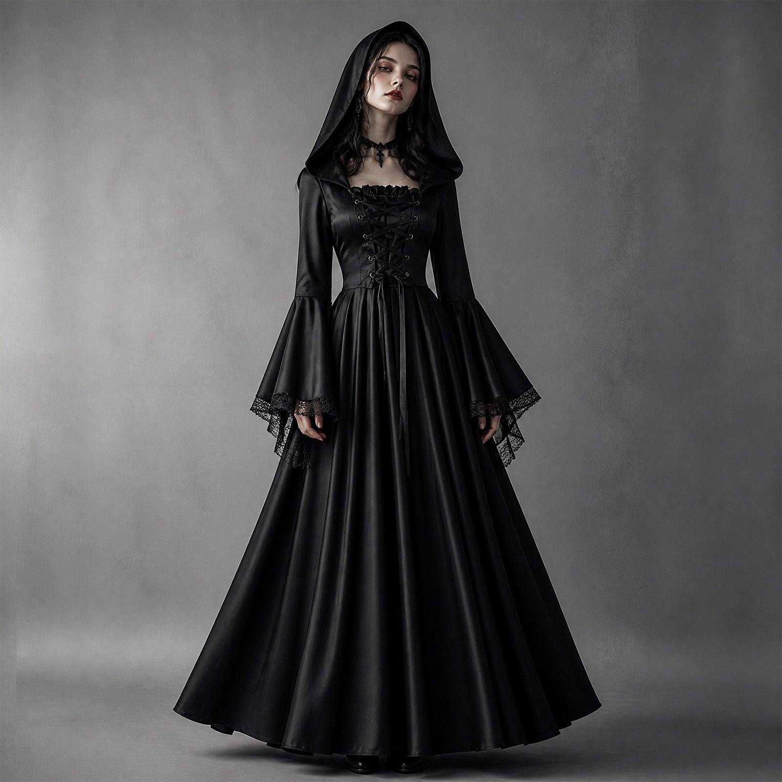 Halloween Women Medieval Gothic Hooded Witch Cosplay Long Dress
