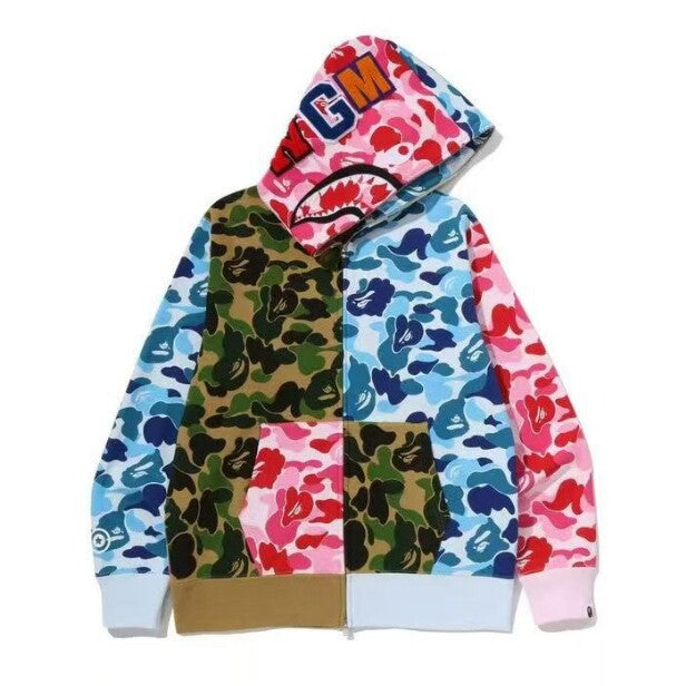 BAPE 3 Tone Patchwork Camo Shark Zip Hoodie