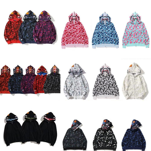 BAPE Double Hood Shark Tiger Camo Embroidered Zip Hoodie