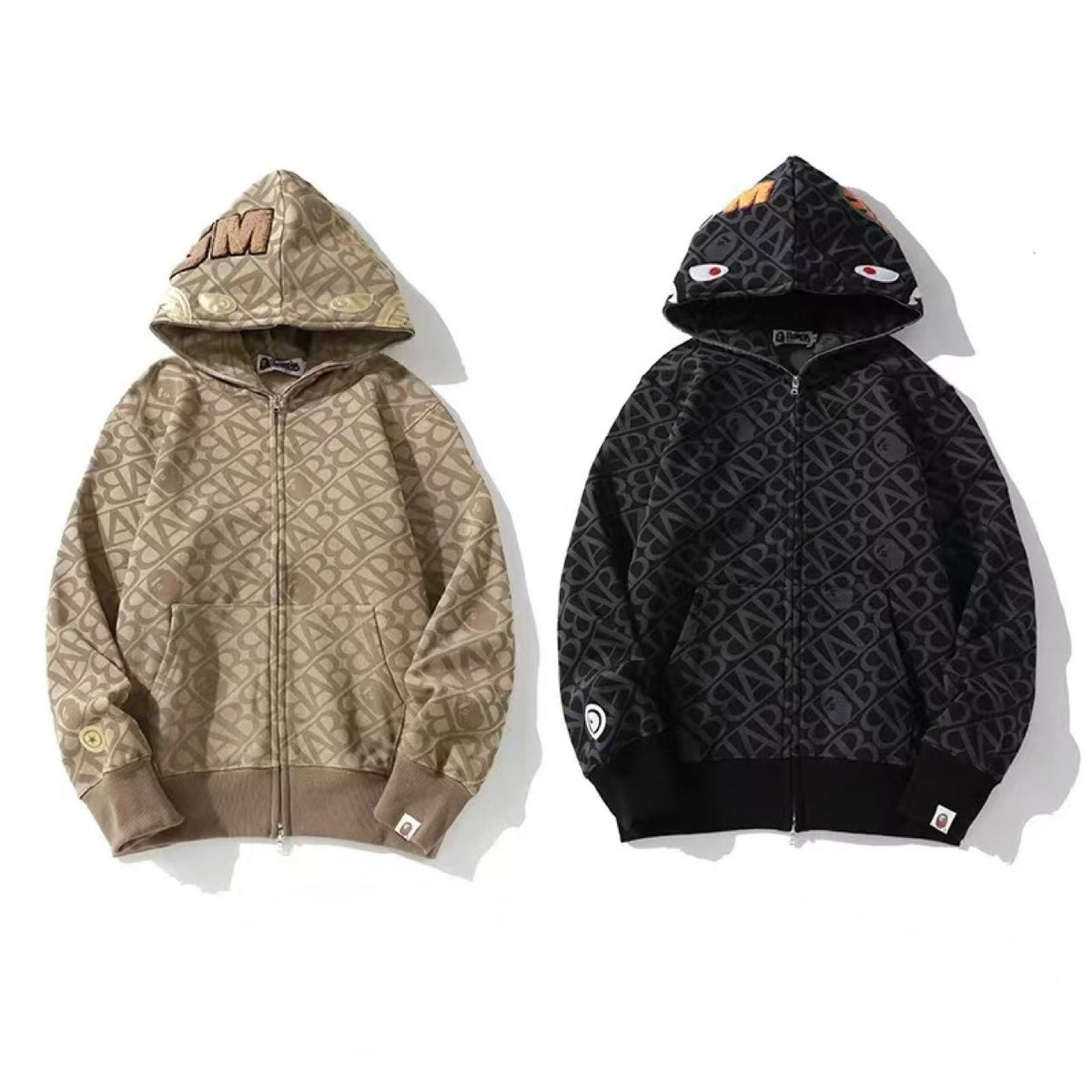 BAPE Monogram Allover Print Gold Shark Full Zip Hoodie