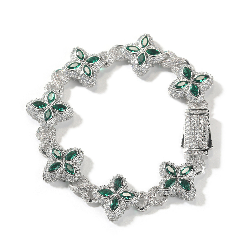 Iced Out Four Leaf Clover 5A Color Zircon Hip Hop Bracelet For