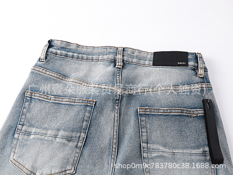 Amiri Blue Letter Embroidery Distressed Stretch Slim Fit Denim Jeans