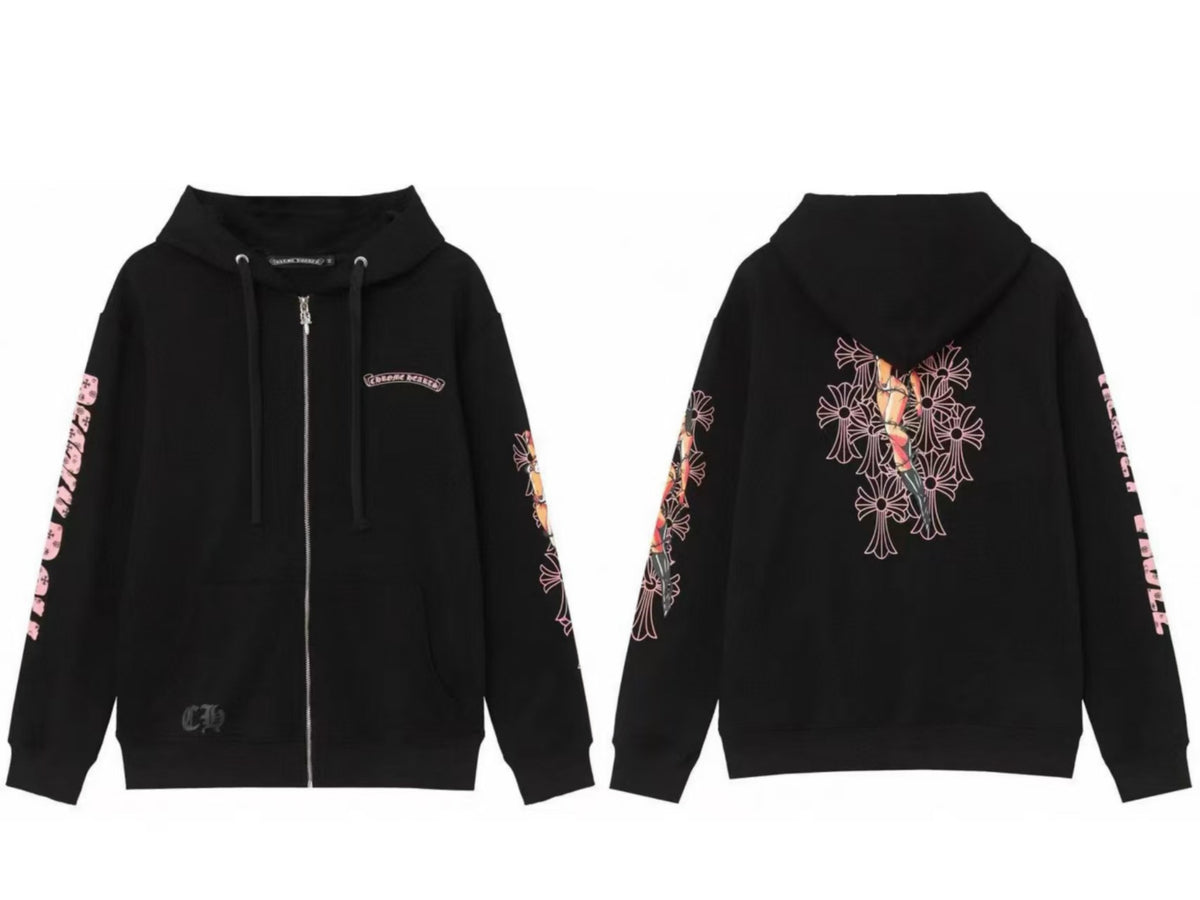 Chrome Hearts Horseshoe Sanskrit Cross Zip Up Hoodie Streetwear Unisex