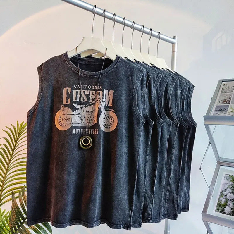 Vintage Washed Mens Tank Top Loose Graphic Summer Sleeveless Vest