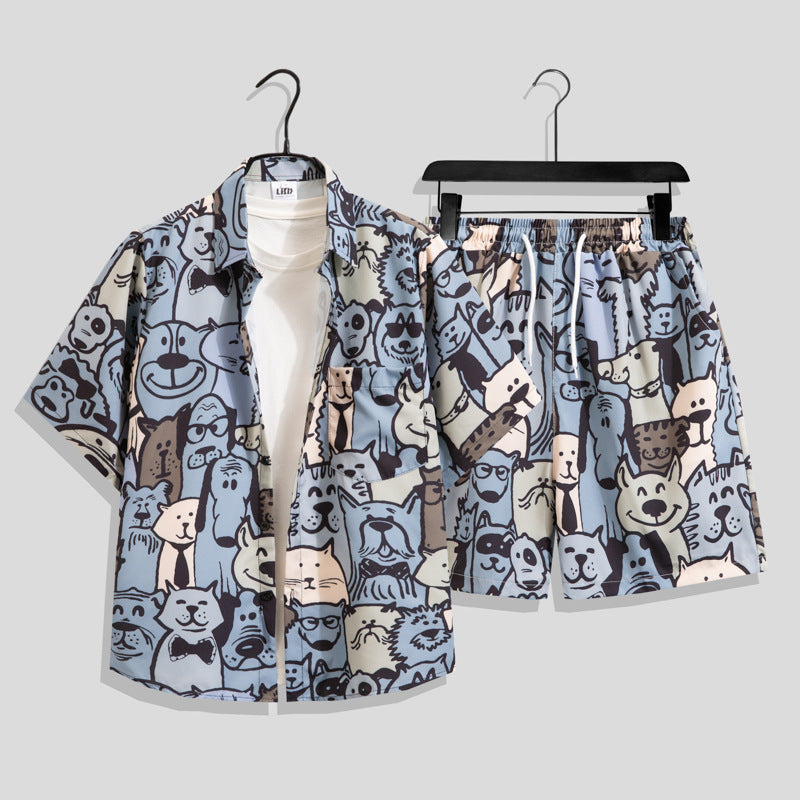 Ice Silk Quick Dry Couple Floral Loose Beach Shirt Shorts Set T3601-T3630