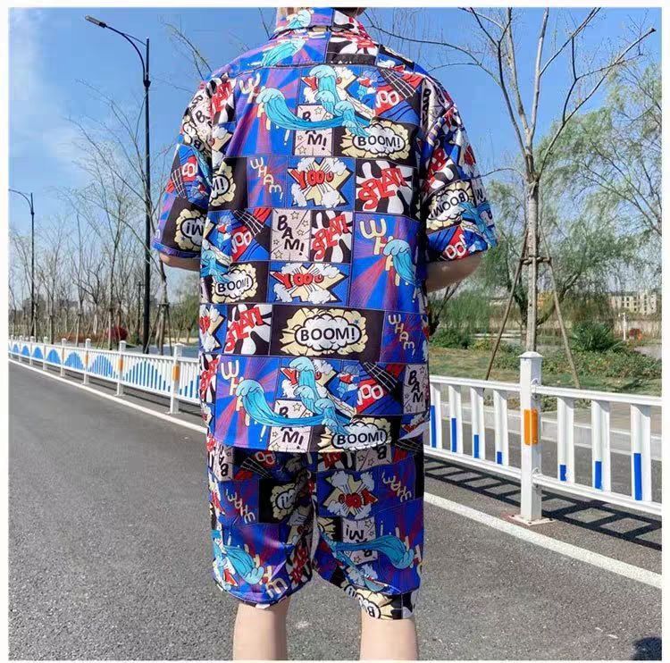 Couple Quick Dry Floral Loose Tropical Beach Shirt Shorts Set