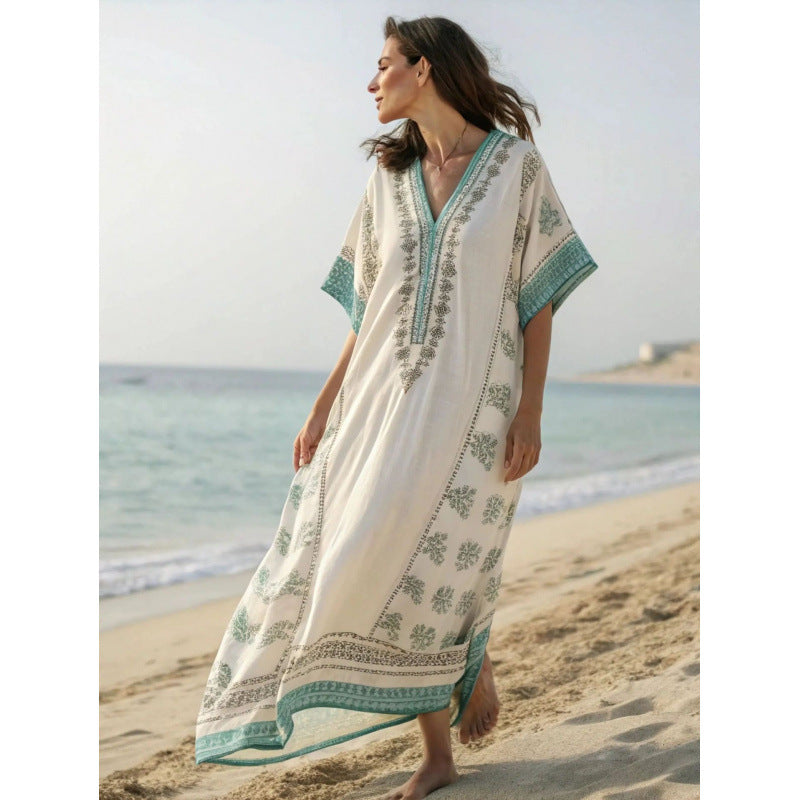 Women Boho Floral Border Print V Neck Loose Kaftan Maxi Beach Dress