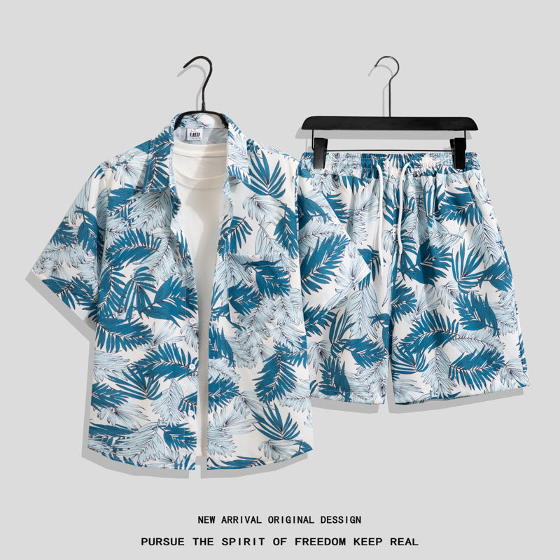 Ice Silk Quick Dry Couple Floral Loose Beach Shirt Shorts Set T3601-T3630