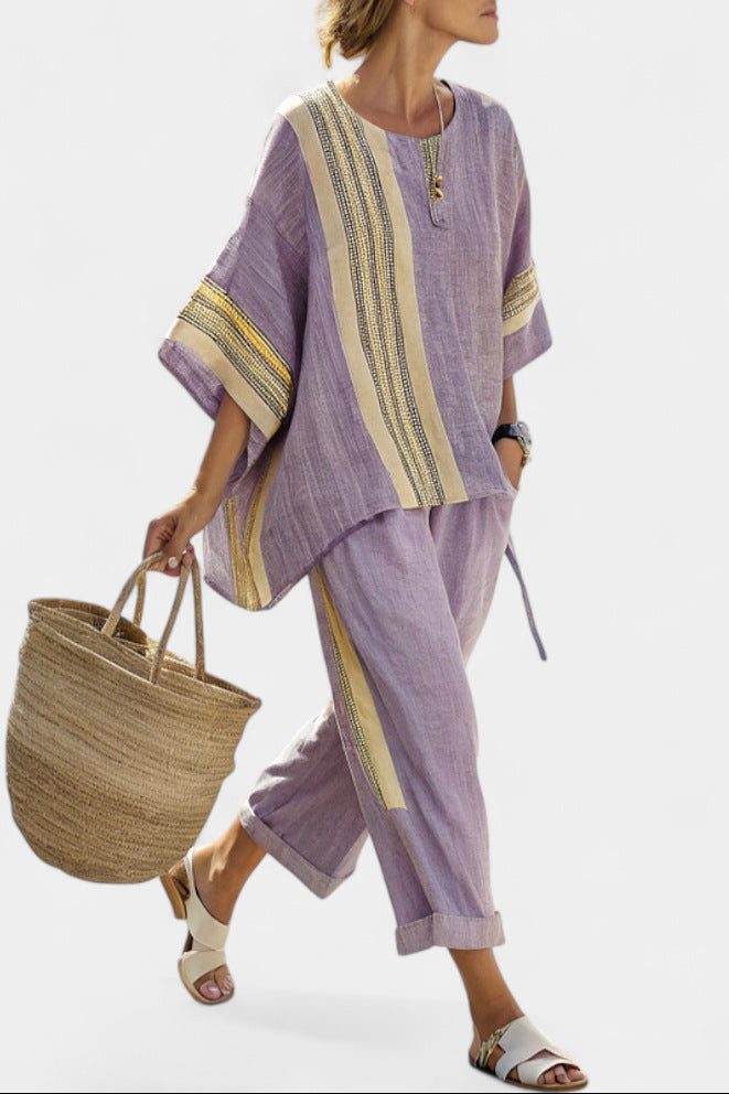 Women European Boho Striped Plus Size Loose Kaftan Beach Vacation Set