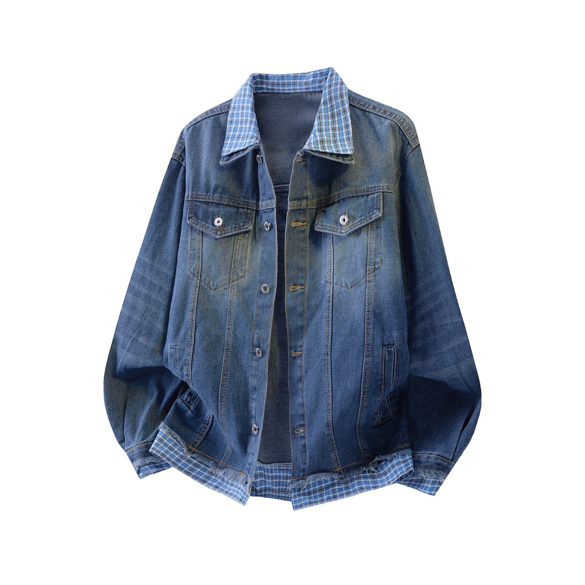 Y2K Vintage Washed Spliced Denim Zip‑Up Jacket Streetwear Unisex