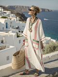 Women Boho Striped V Neck Patch Pocket Loose Kaftan Maxi Beach Dress